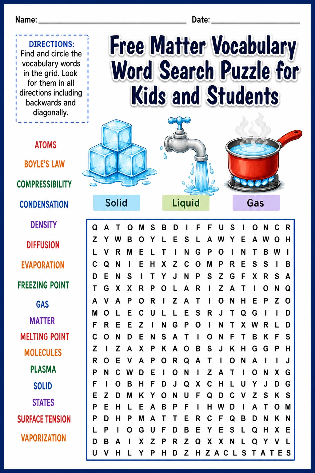 Free Matter Vocabulary Word Search Puzzle for Kids and Students