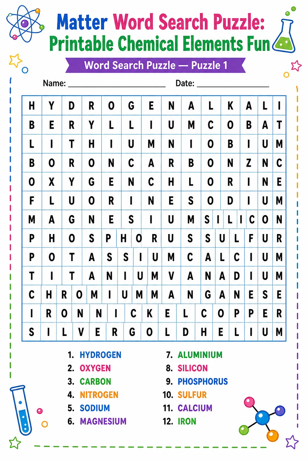 Matter Word Search Puzzle: Printable Chemical Elements Fun