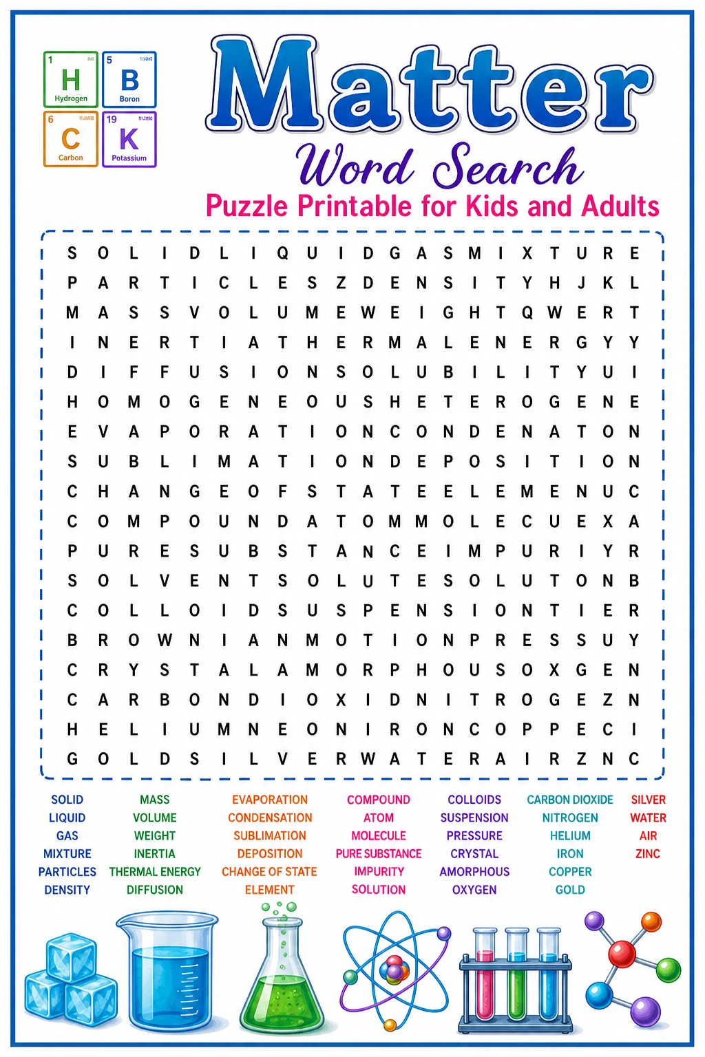 Matter Word Search Puzzle Printable for Kids and Adults