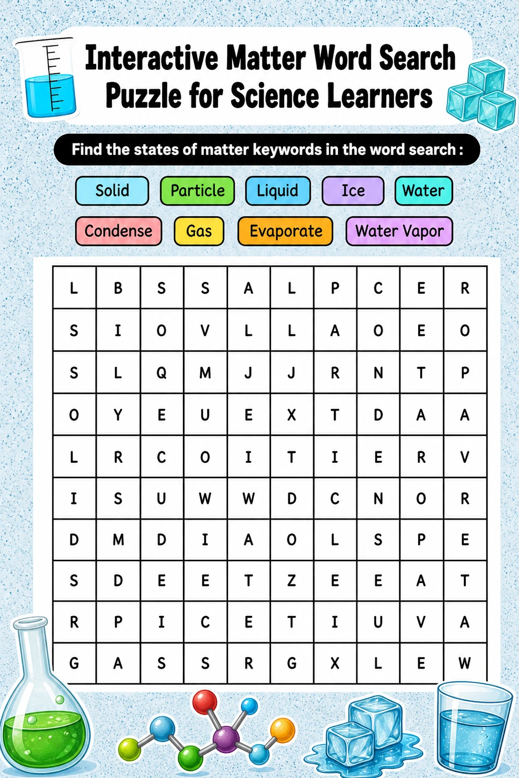 Interactive Matter Word Search Puzzle for Science Learners