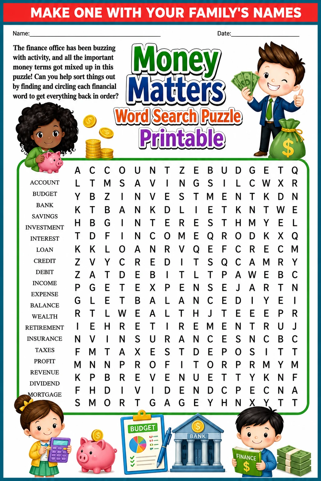 Money Matters Word Search Puzzle Printable