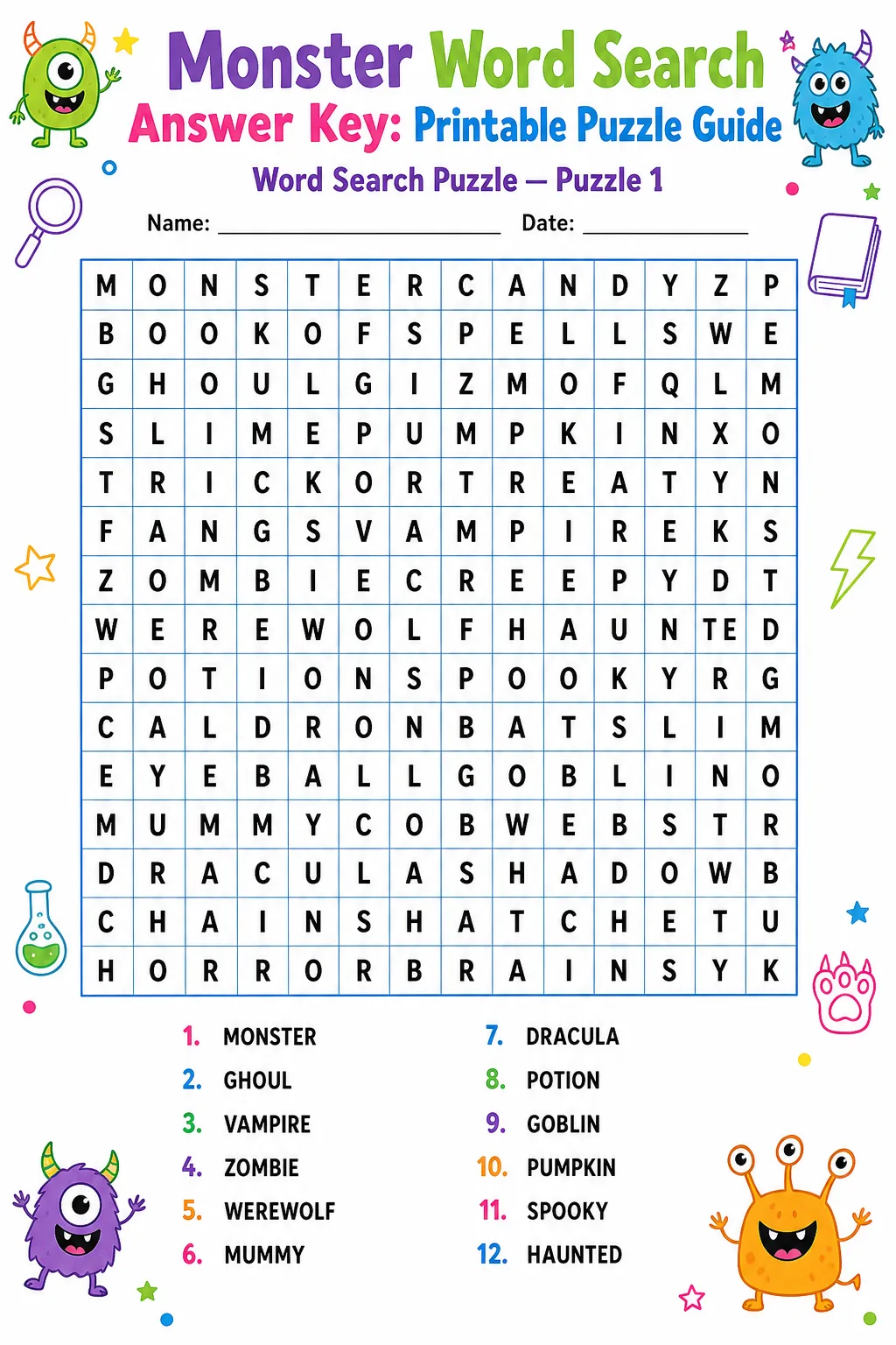 Monster Word Search Answer Key: Printable Puzzle Guide