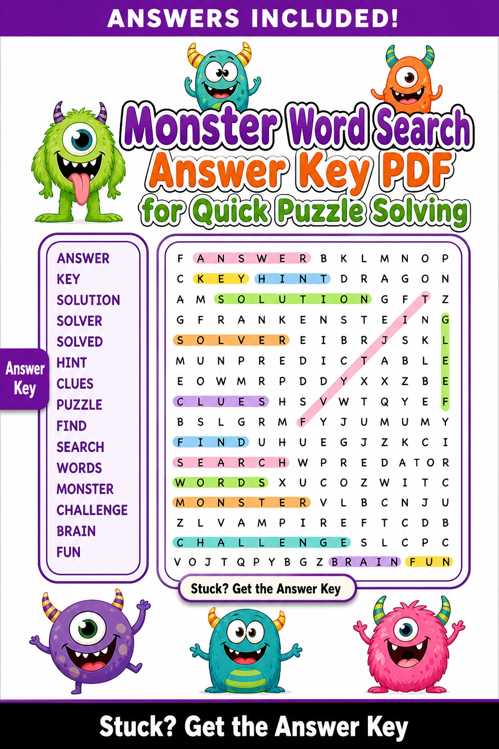 Monster Word Search Answer Key PDF for Quick Puzzle Solving