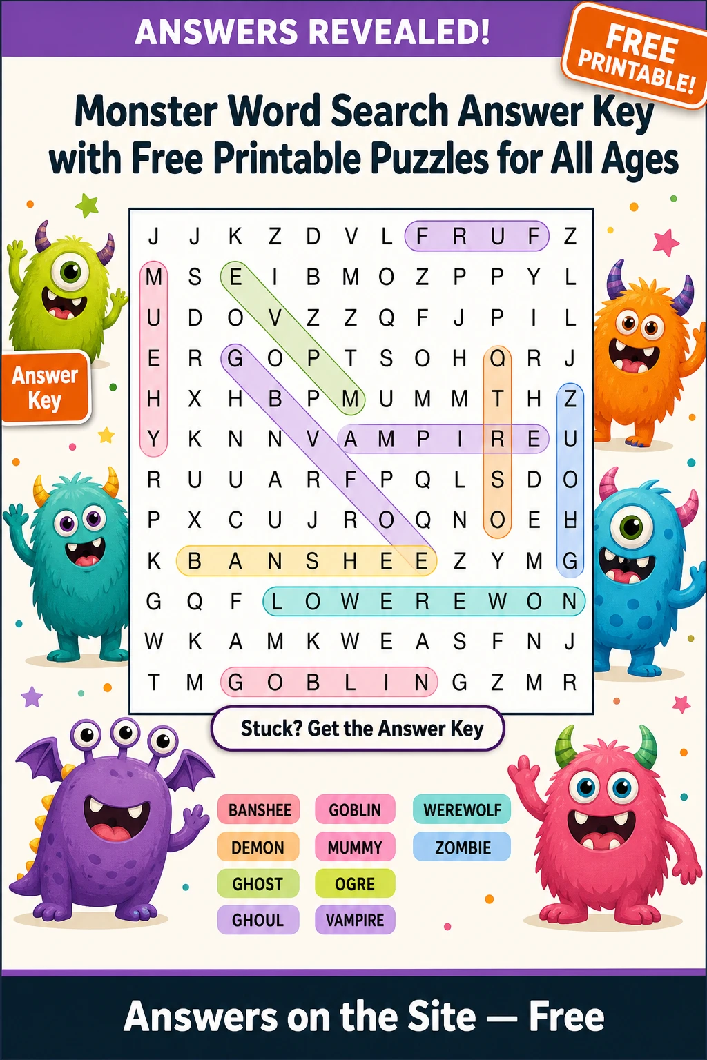 Monster Word Search Answer Key with Free Printable Puzzles for All Ages
