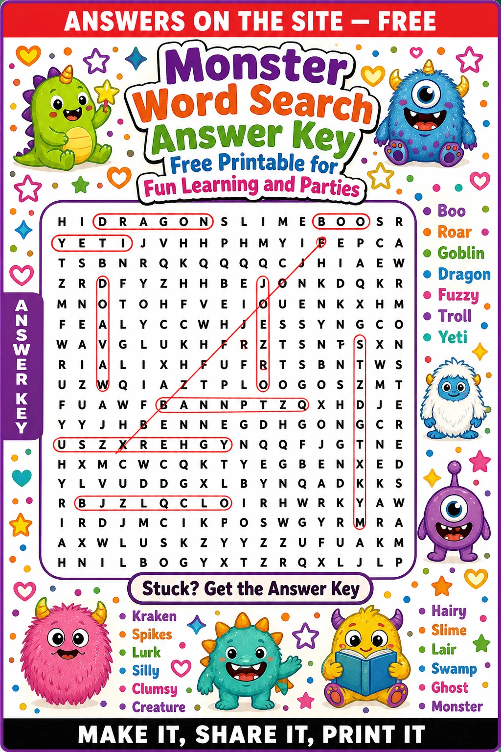 Monster Word Search Answer Key Free Printable for Fun Learning and Parties