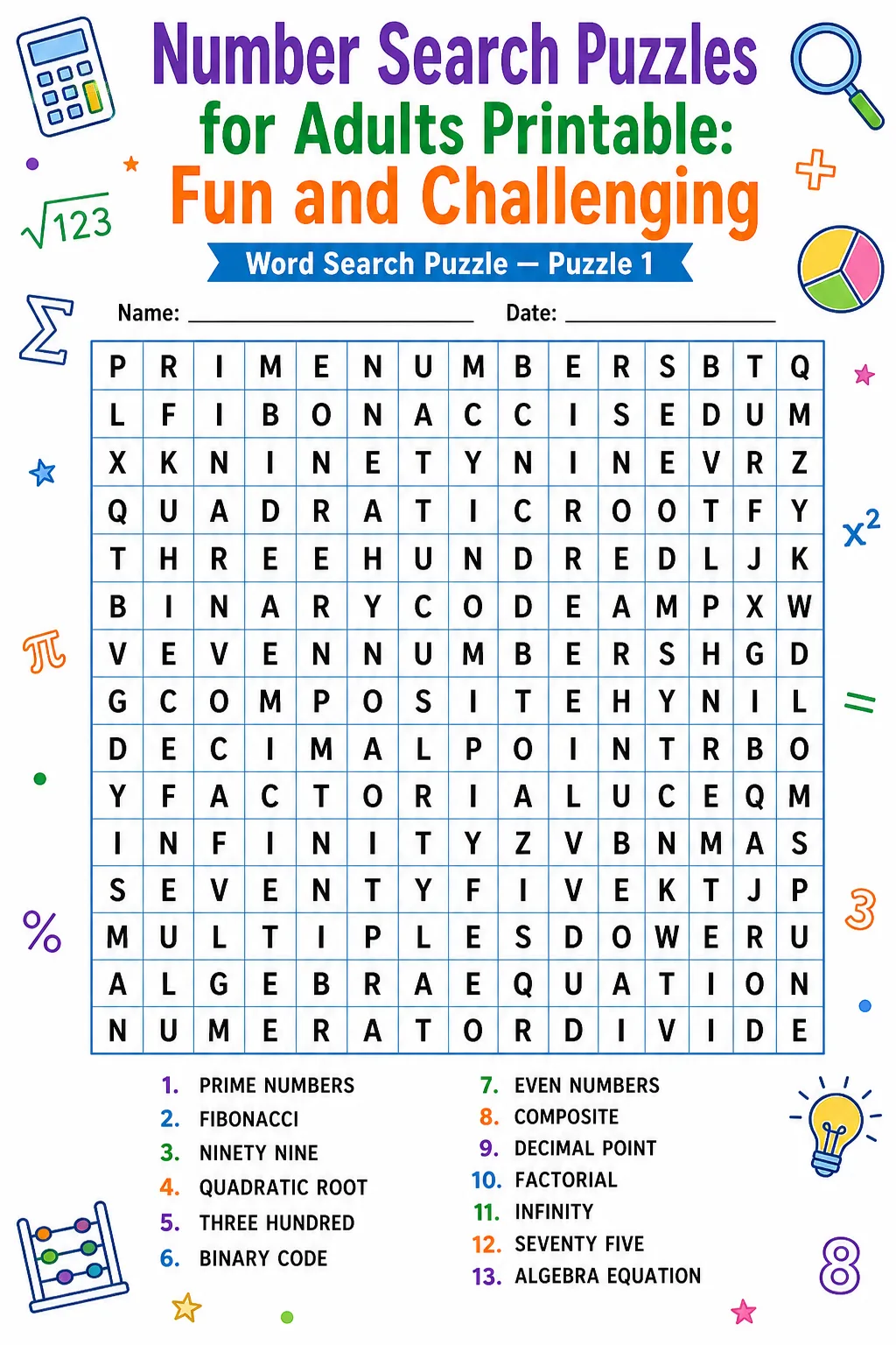 Number Search Puzzles for Adults Printable: Fun and Challenging