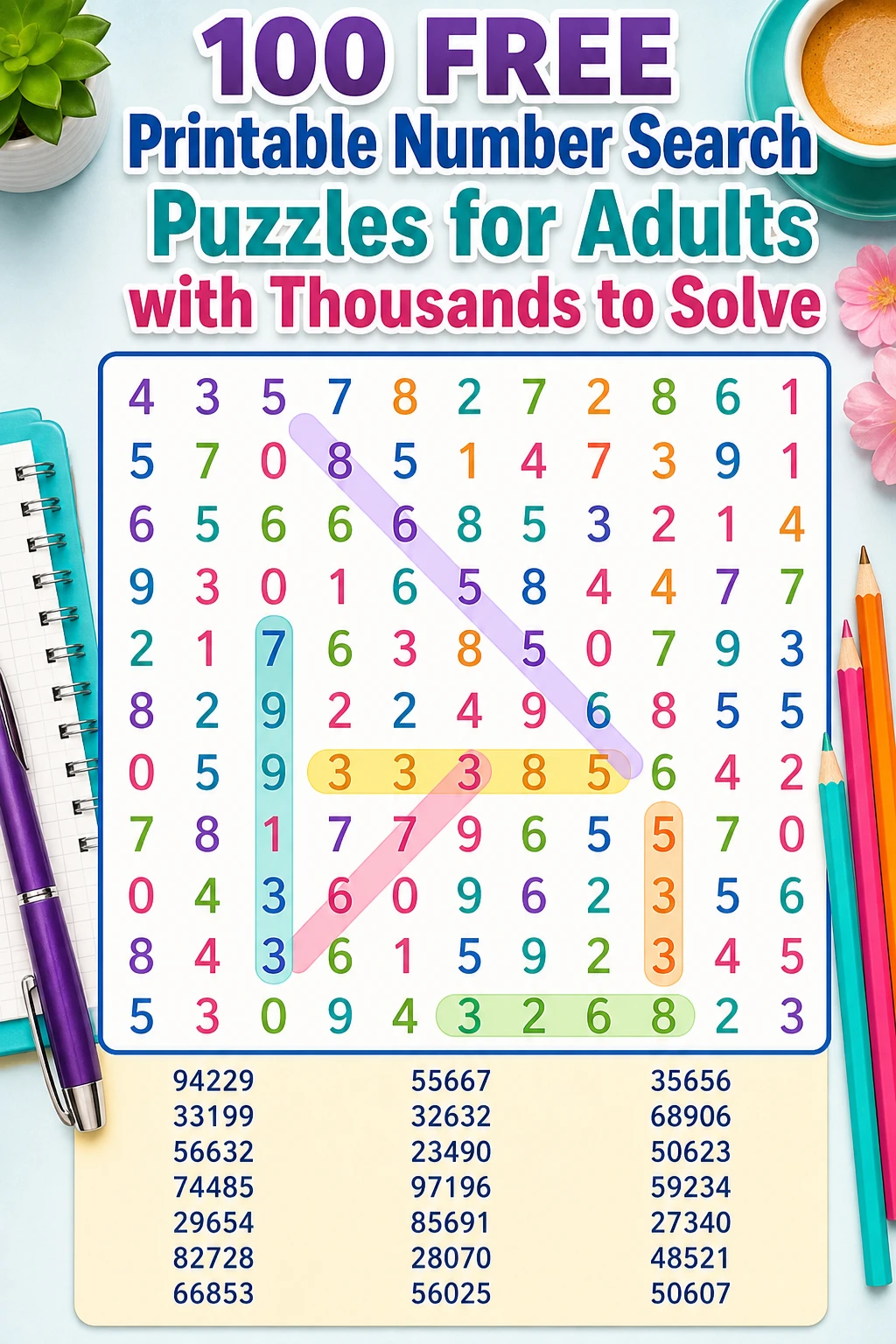 100 FREE Printable Number Search Puzzles for Adults with Thousands to Solve