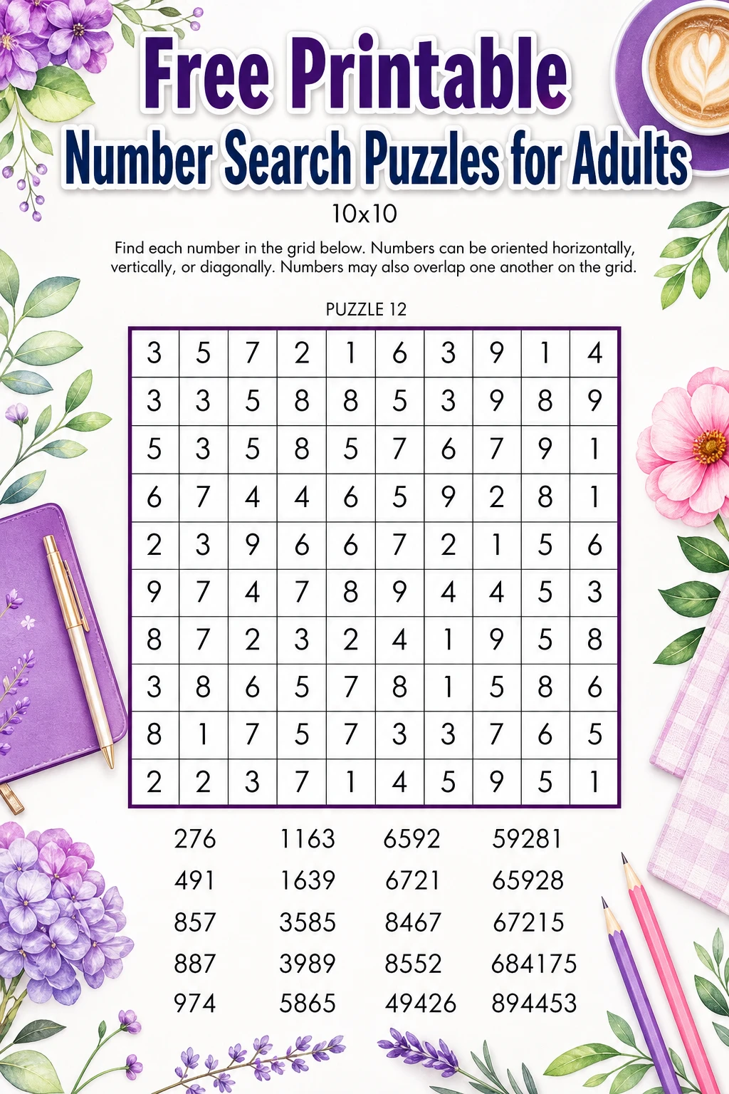 Free Printable Number Search Puzzles for Adults