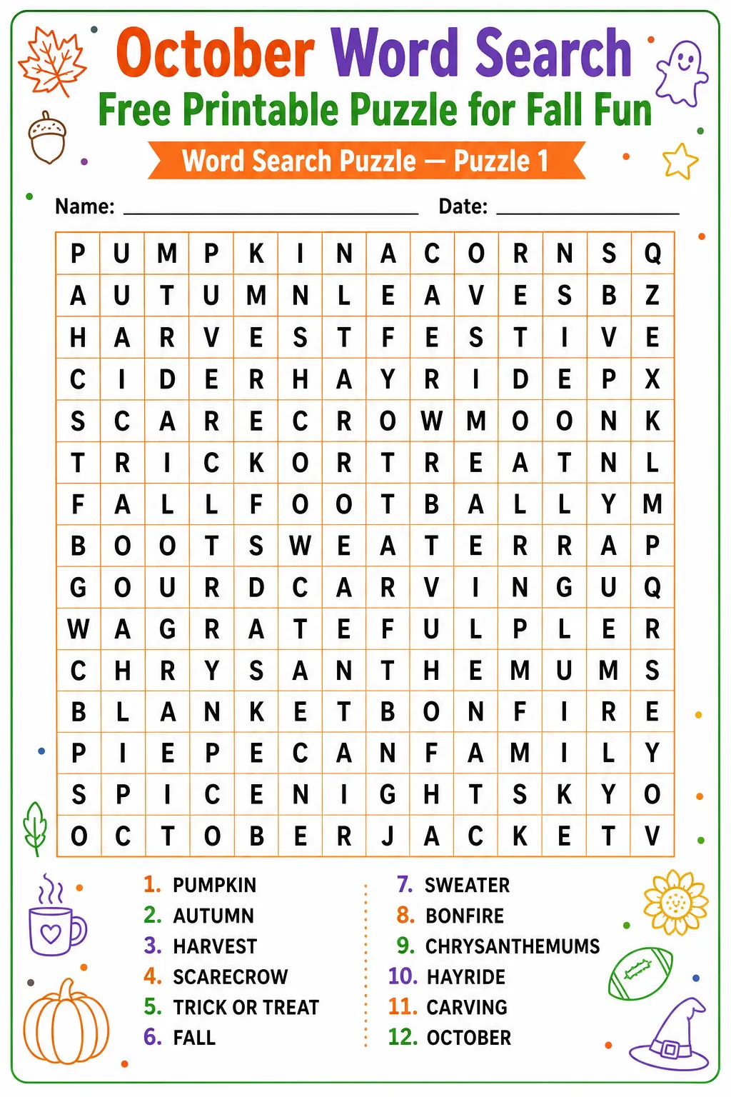 October Word Search Free Printable Puzzle for Fall Fun