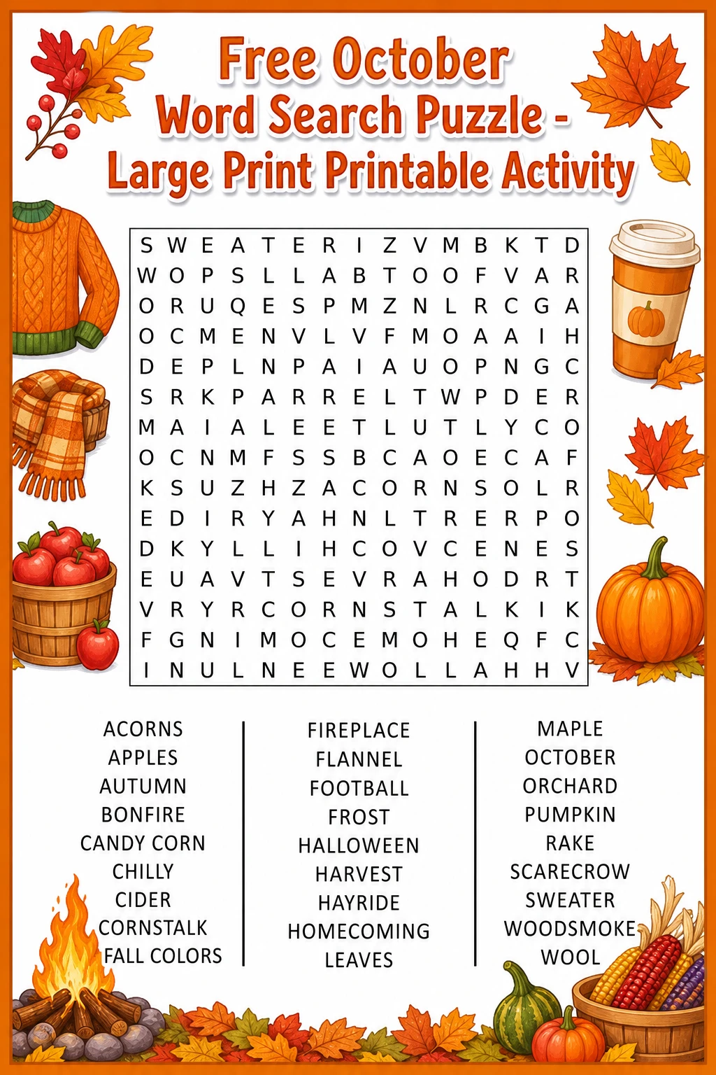 Free October Word Search Puzzle - Large Print Printable Activity