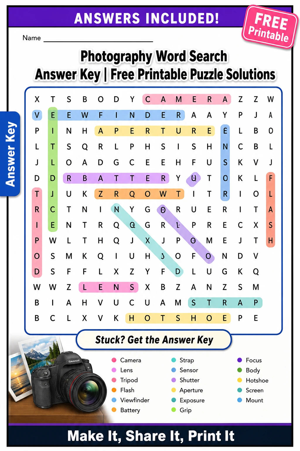 Photography Word Search Answer Key | Free Printable Puzzle Solutions