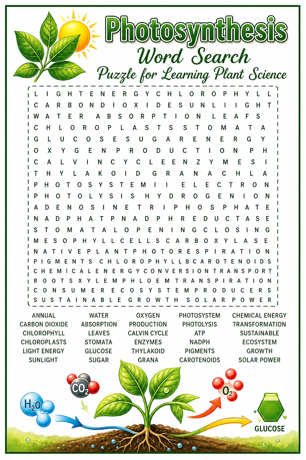 Photosynthesis Word Search Puzzle for Learning Plant Science