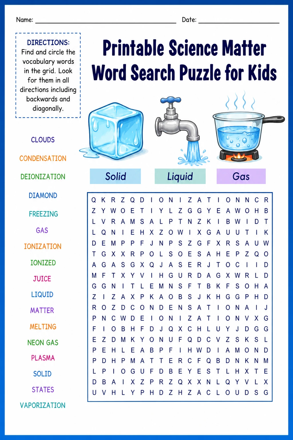 Printable Science Matter Word Search Puzzle for Kids