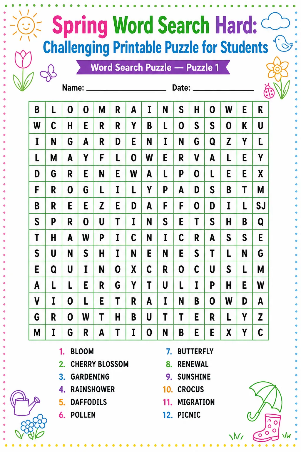 Spring Word Search Hard: Challenging Printable Puzzle for Students