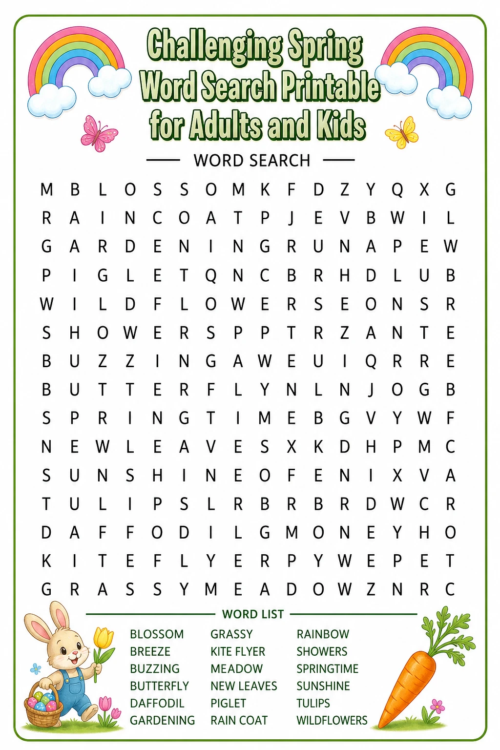 Challenging Spring Word Search Printable for Adults and Kids