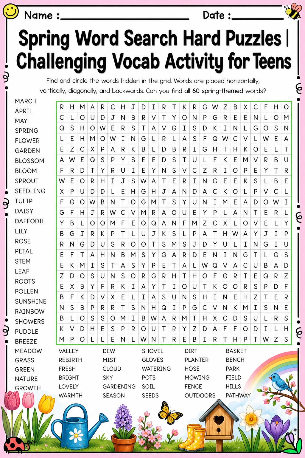 Spring Word Search Hard Puzzles | Challenging Vocab Activity for Teens