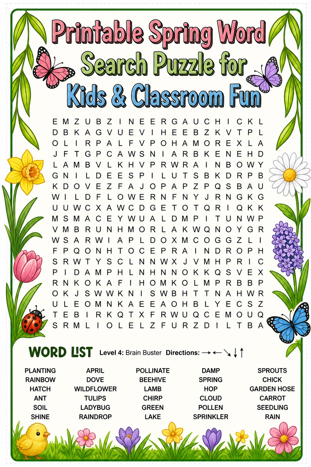 Printable Spring Word Search Puzzle for Kids & Classroom Fun