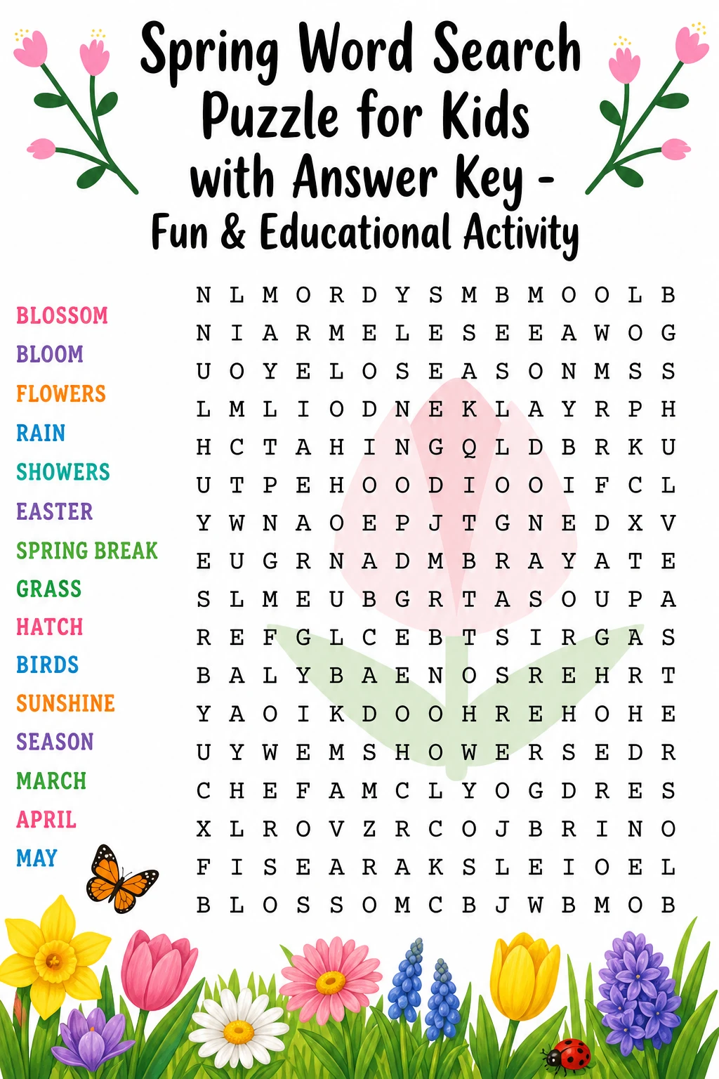 Spring Word Search Puzzle for Kids with Answer Key - Fun & Educational Activity