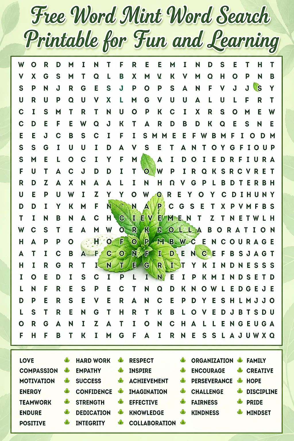 Free Word Mint Word Search Printable for Fun and Learning