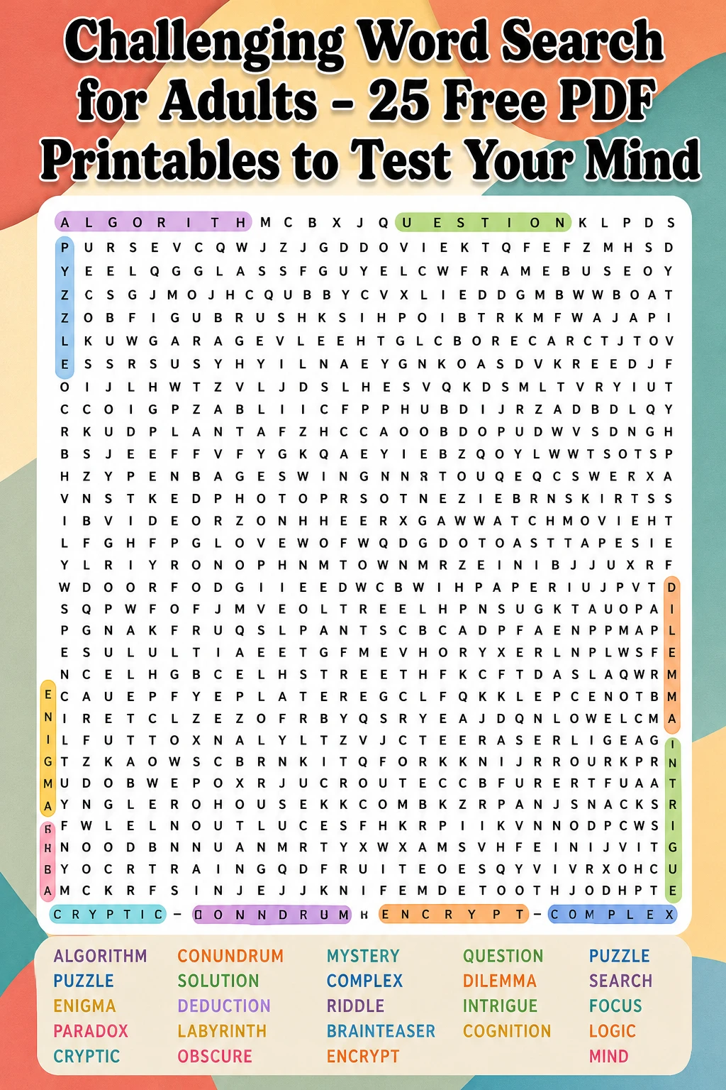 Challenging Word Search for Adults - 25 Free PDF Printables to Test Your Mind