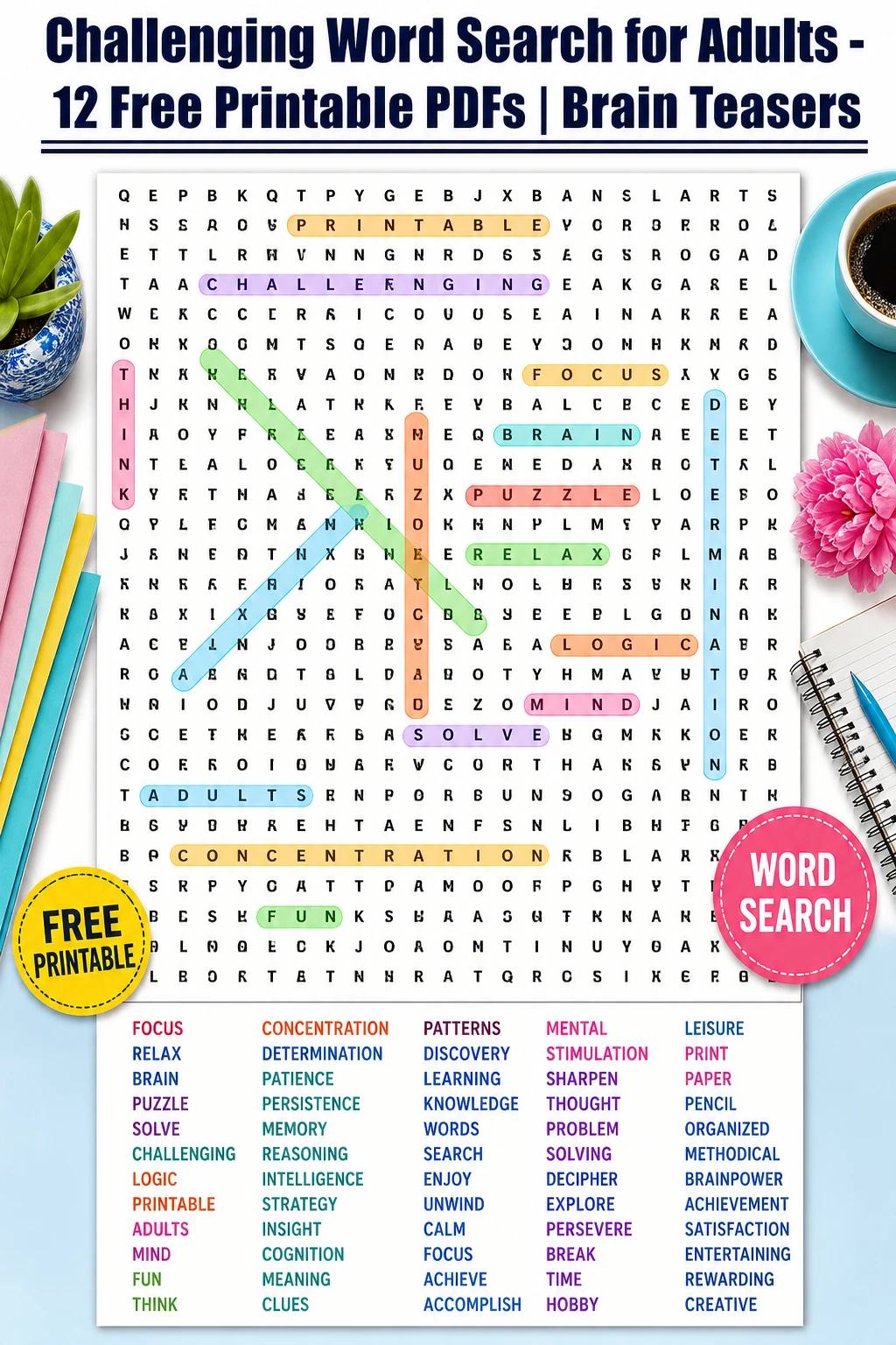 Challenging Word Search for Adults - 12 Free Printable PDFs | Brain Teasers