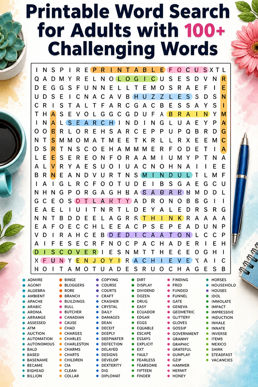 Printable Word Search for Adults with 100+ Challenging Words