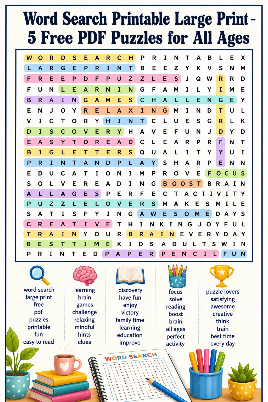 Word Search Printable Large Print - 5 Free PDF Puzzles for All Ages