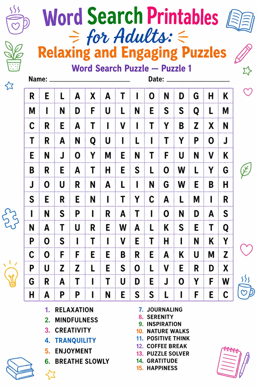 Word Search Printables for Adults: Relaxing and Engaging Puzzles